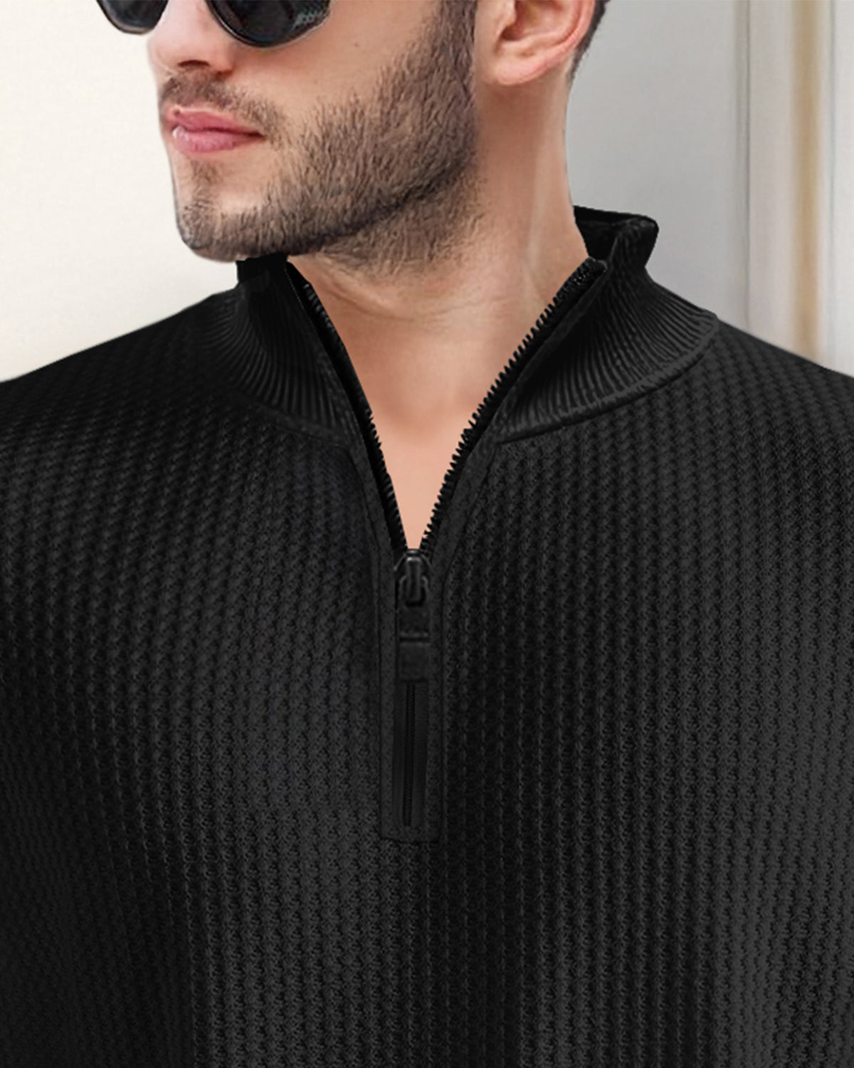 Waffle Long Sleeve High Neck Zipper T Shirt Black