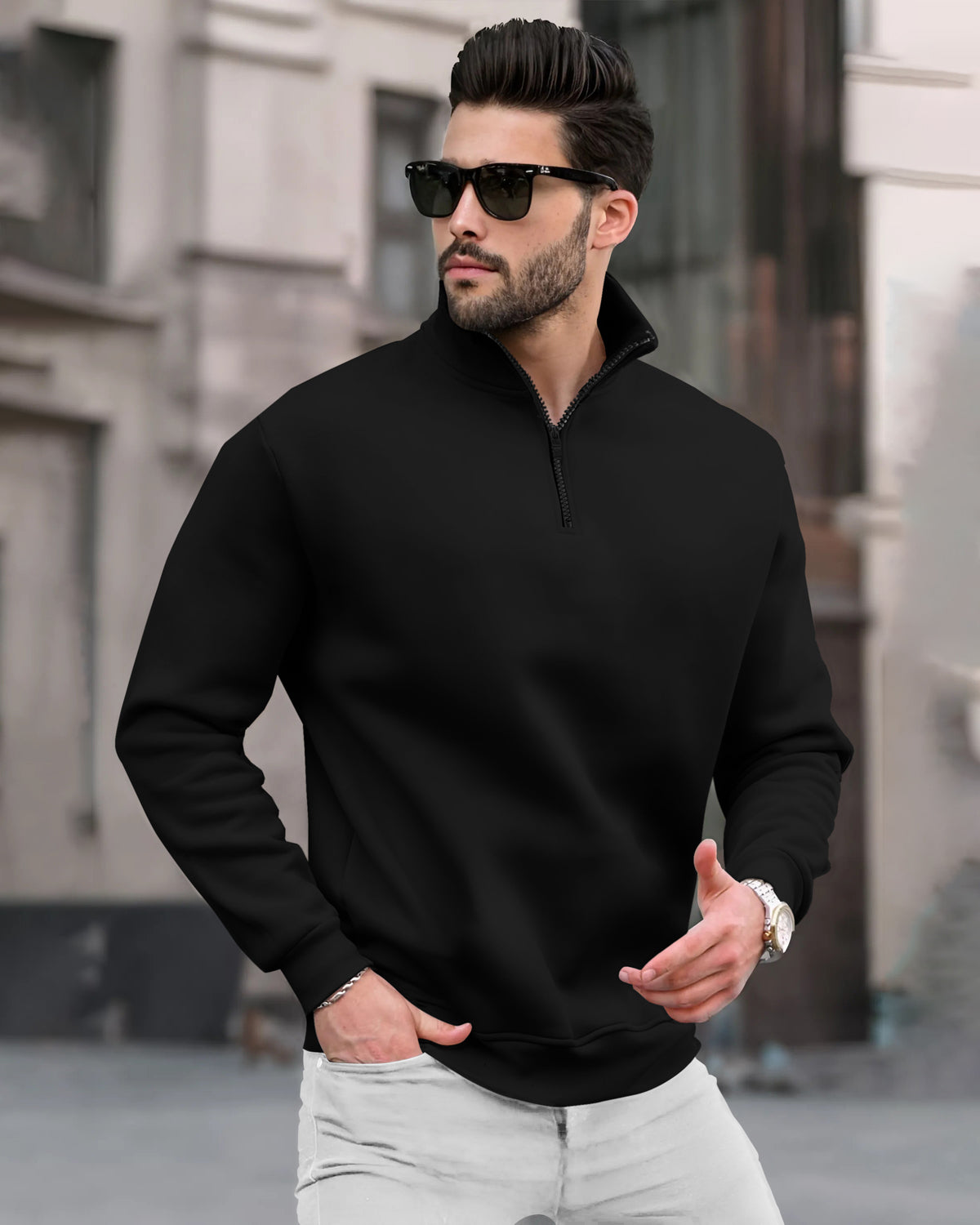 Zipper High Neck Plain Casual Black Sweatshirt