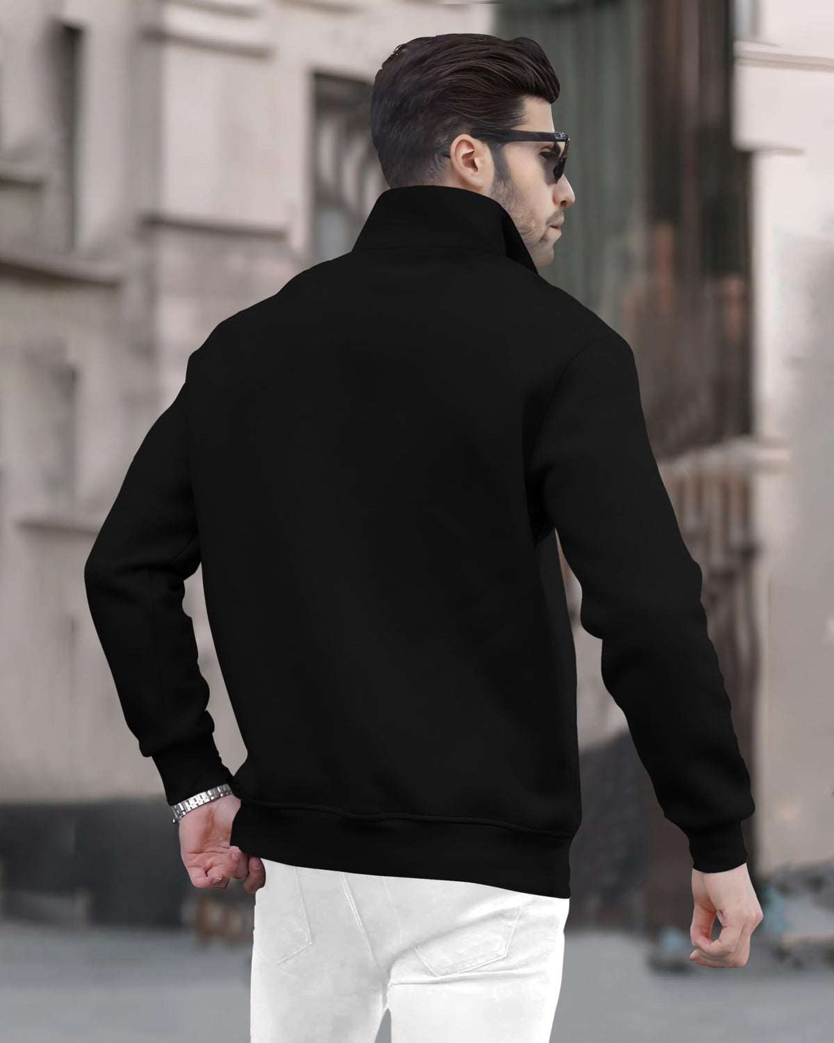 Zipper High Neck Plain Casual Black Sweatshirt