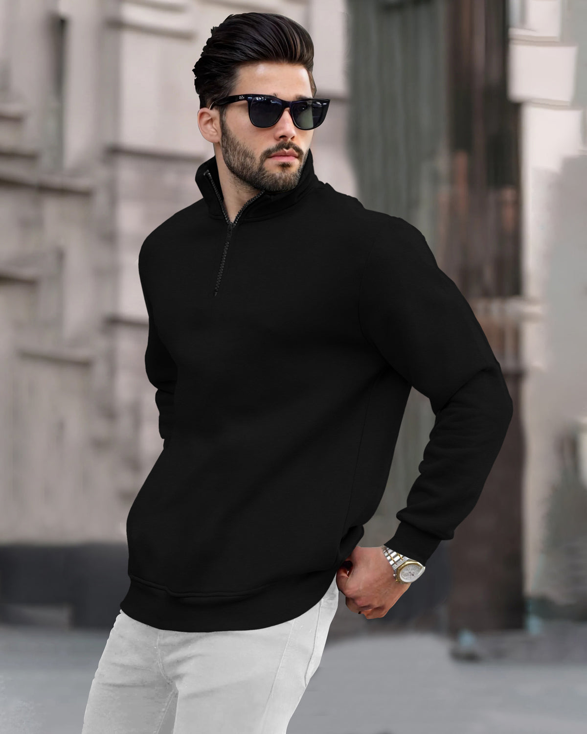 Zipper High Neck Plain Casual Black Sweatshirt