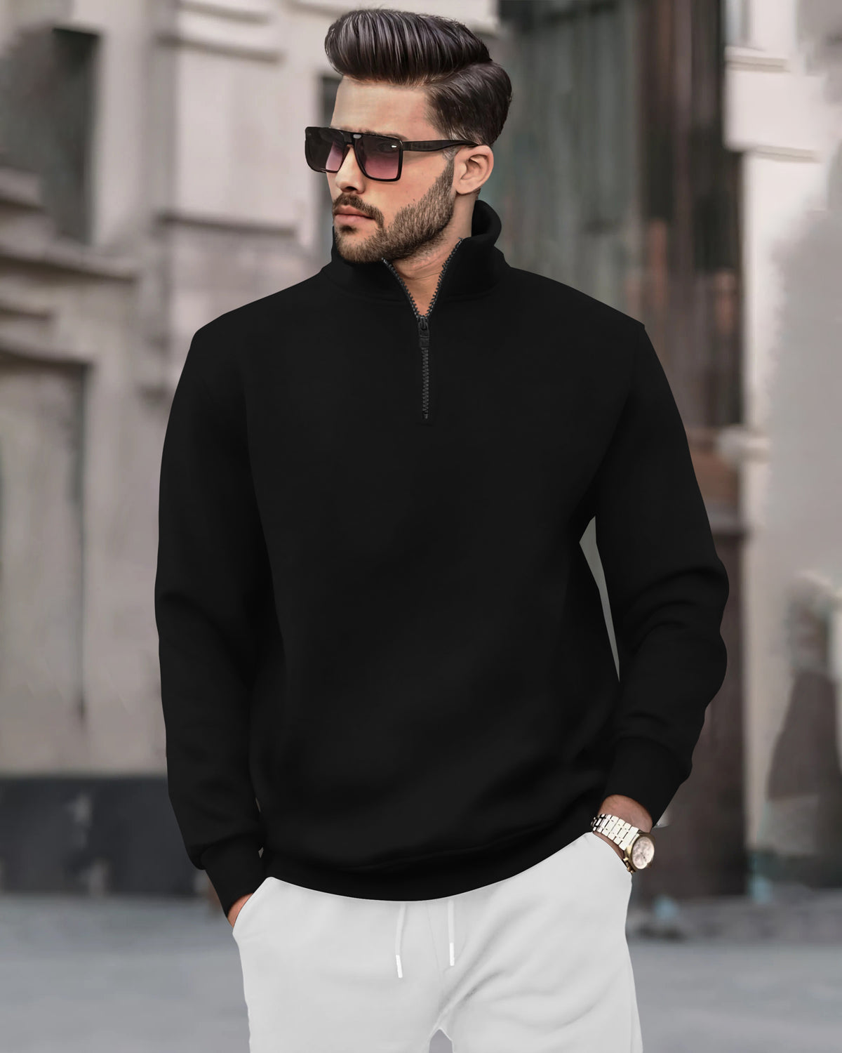 Zipper High Neck Plain Casual Black Sweatshirt