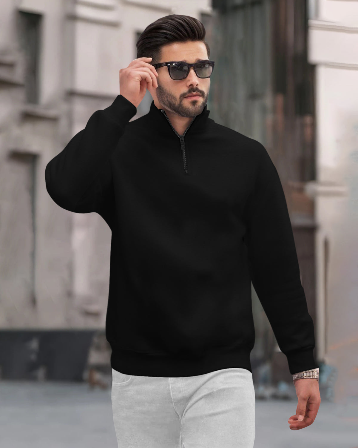 Zipper High Neck Plain Casual Black Sweatshirt