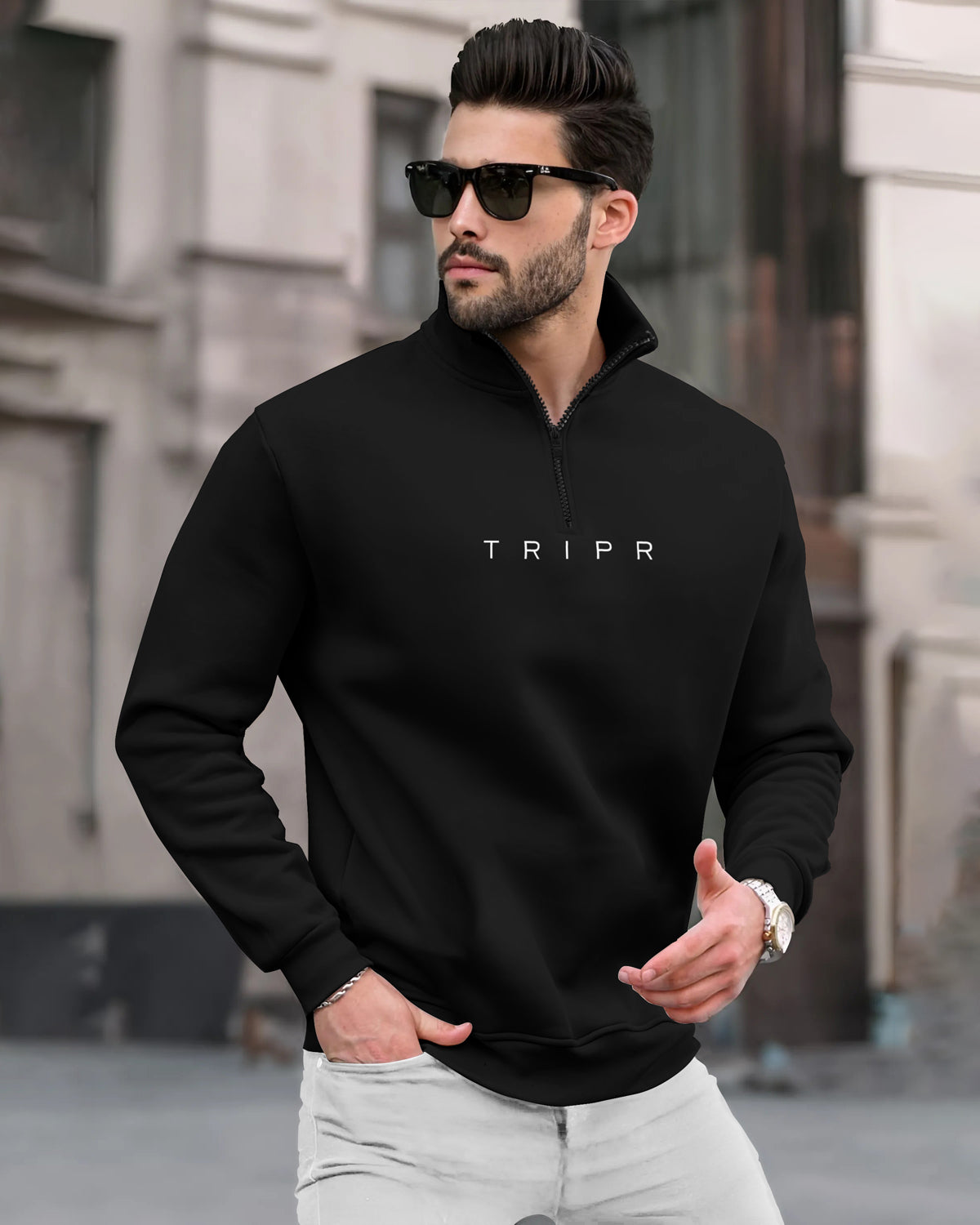 Black Sweatshirt with High Neck Zipper