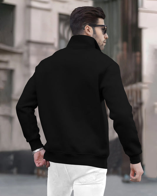 Black Henley Neck Casual Jacket with Zip