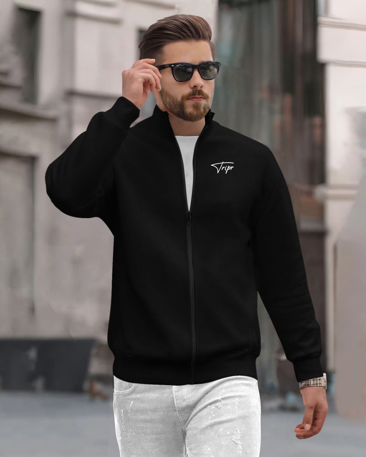 Black Henley Neck Casual Jacket with Zip