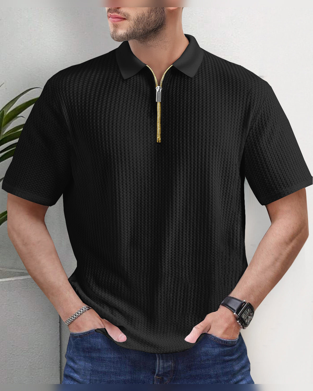 Black Polo Fit Waffle T Shirt Short Sleeve with Zipper