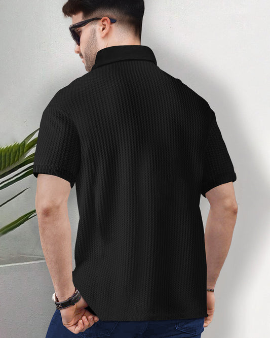 Black Polo Fit Waffle T Shirt Short Sleeve with Zipper
