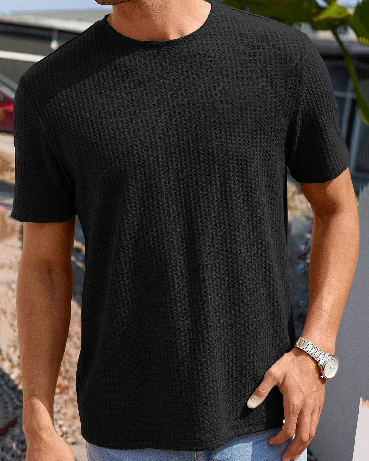 Black Waffle T Shirt with Half Sleeve and Round Neck