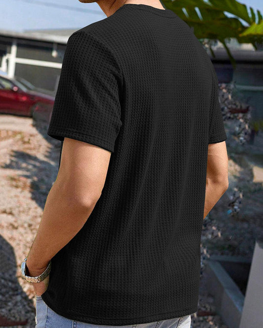 Black Waffle T Shirt with Half Sleeve and Round Neck