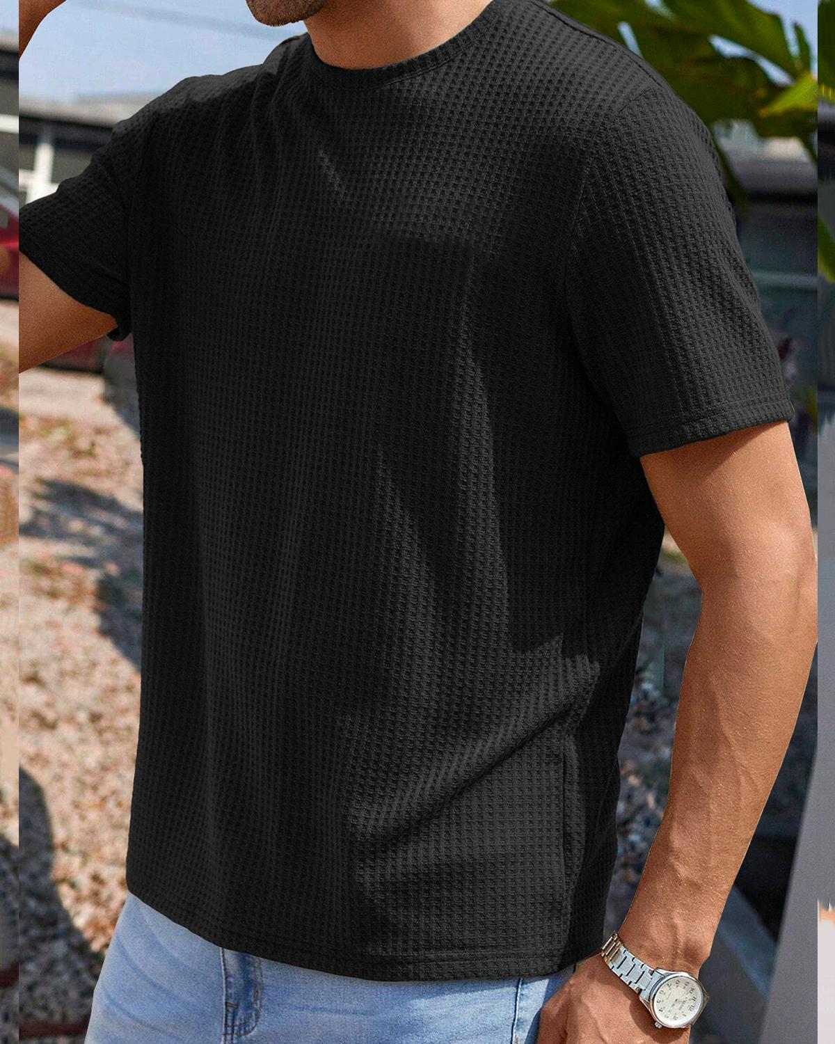 Black Waffle T Shirt with Half Sleeve and Round Neck
