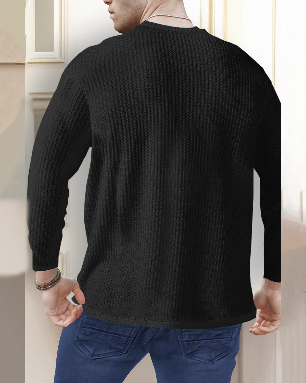 Long Sleeve Round Neck Plain Waffle T Shirt Black