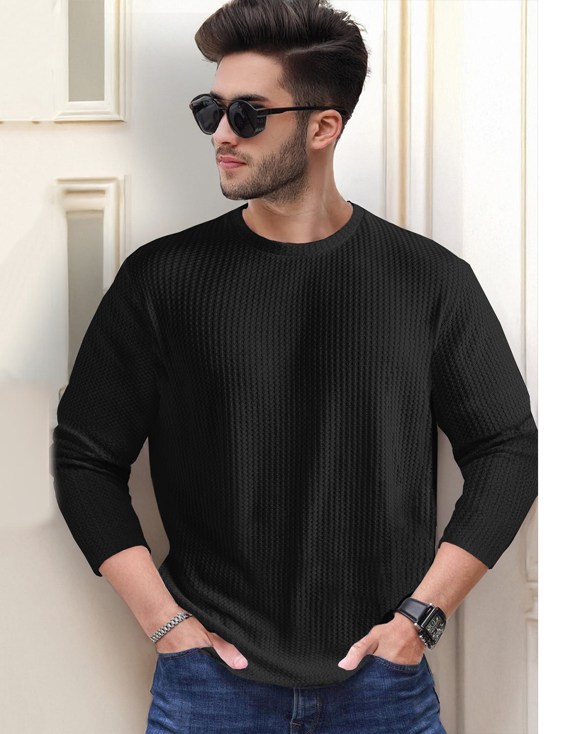 Long Sleeve Round Neck Plain Waffle T Shirt Black