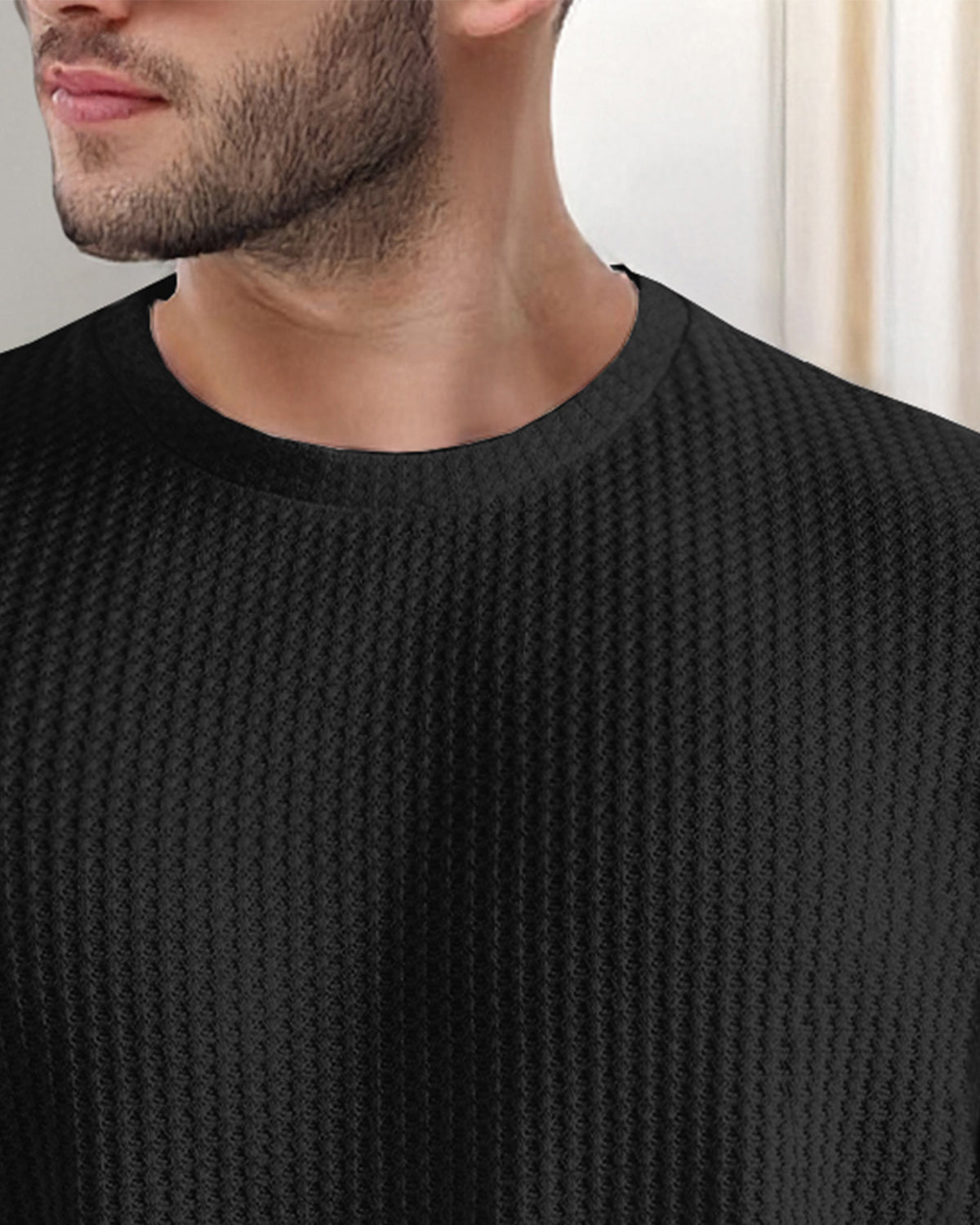 Long Sleeve Round Neck Plain Waffle T Shirt Black
