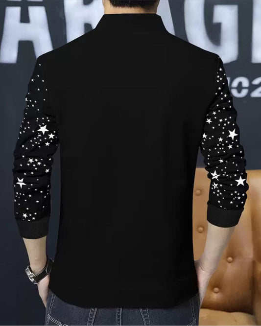 Black Round Neck Jacket with Star Print