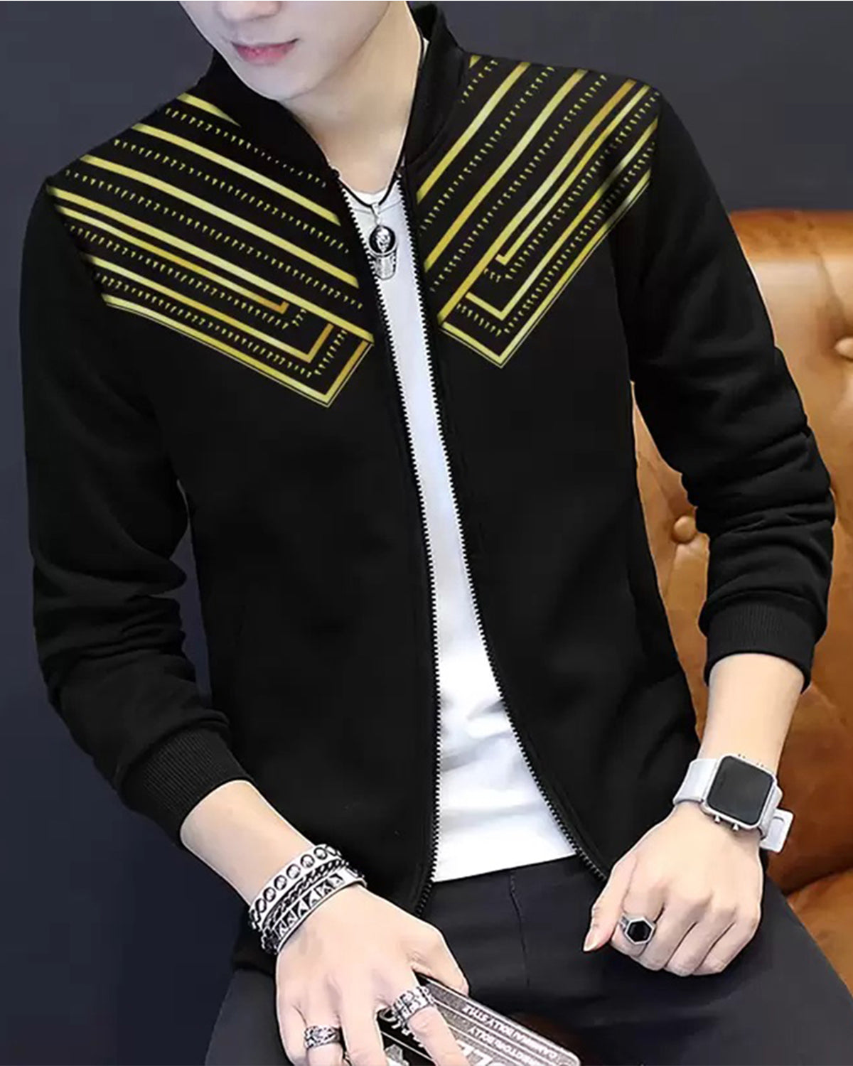 Golden Printed Black Jacket with Stripped