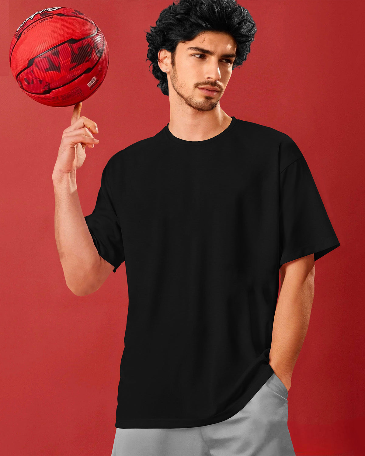 Black Round Neck Solid Oversized T Shirt