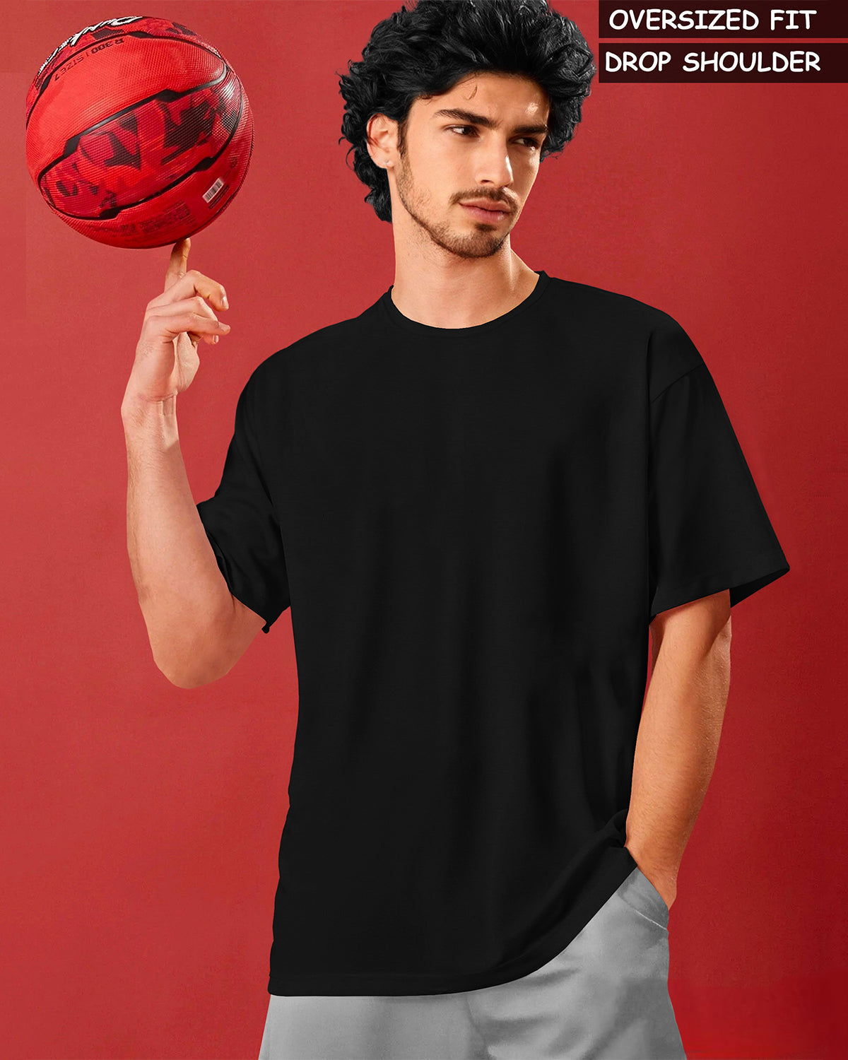 Black Round Neck Solid Oversized T Shirt