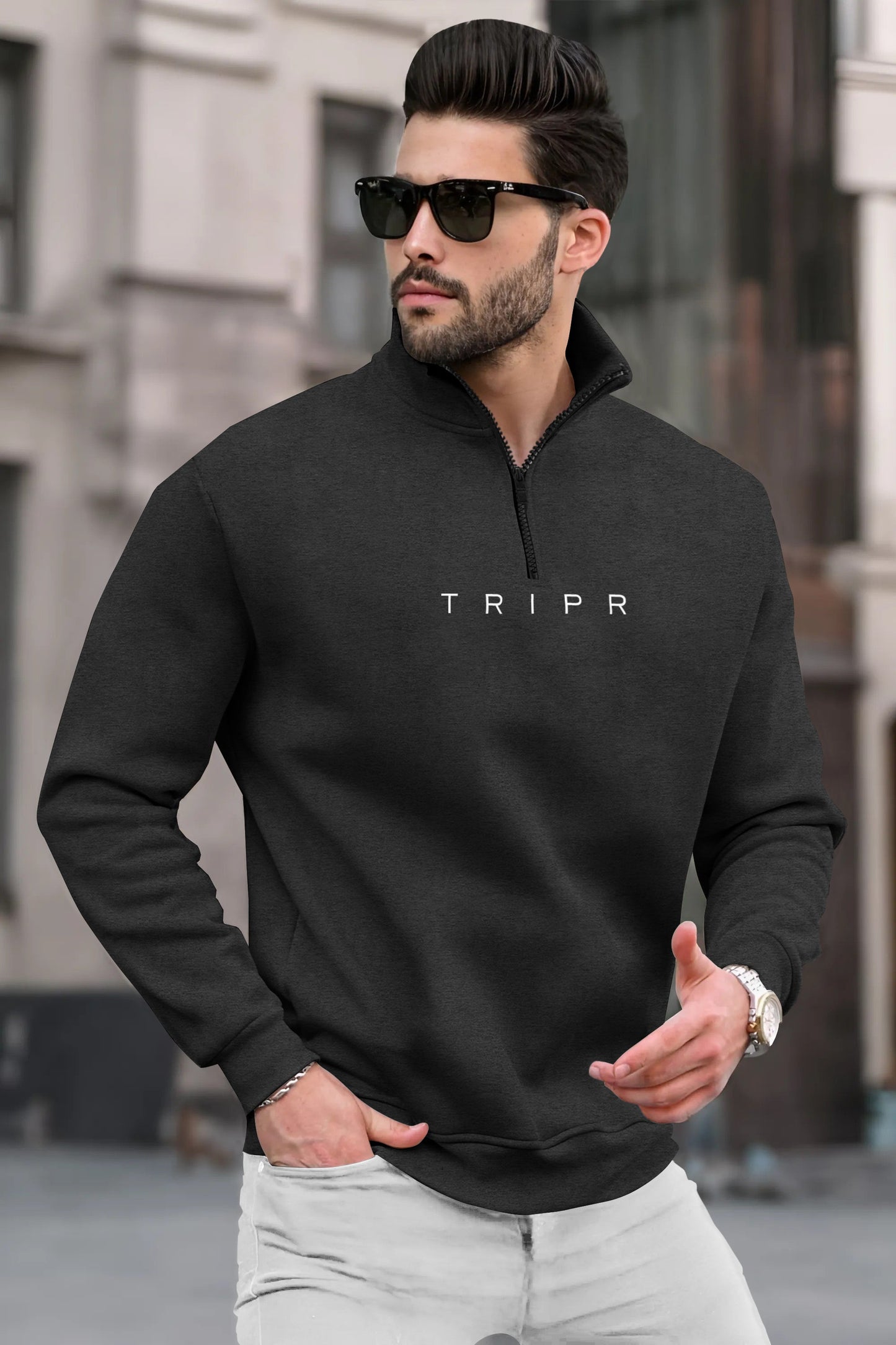 Charcoal Black Sweatshirt with High Neck Zipper