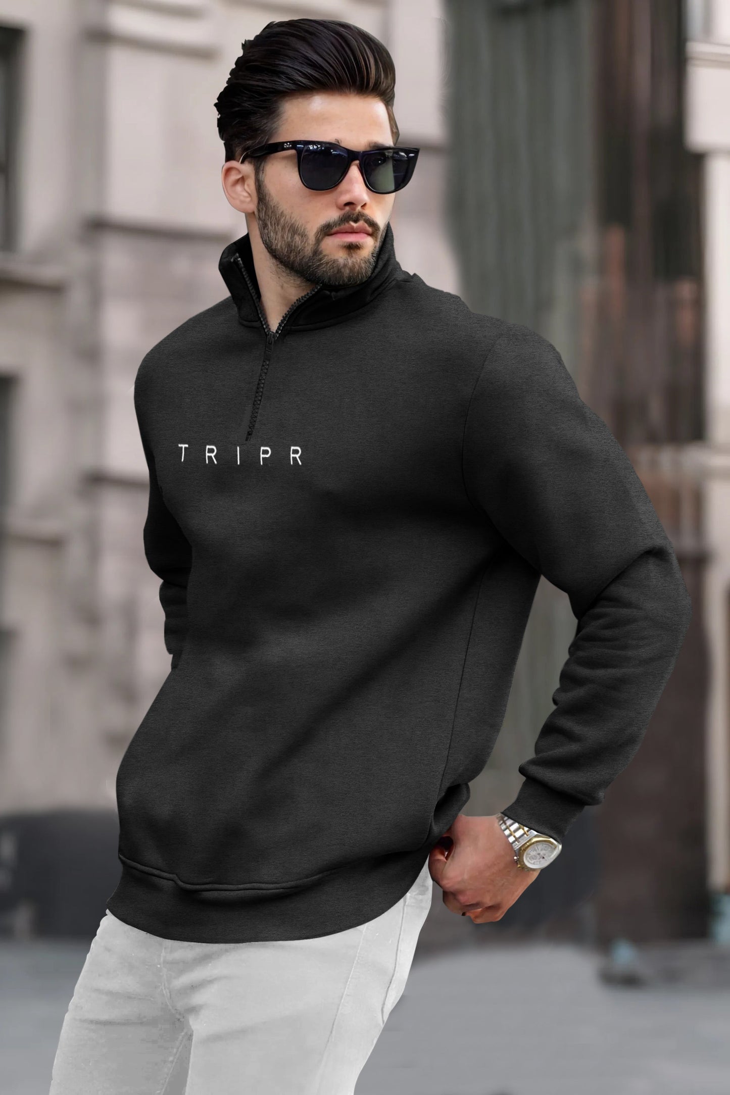 Charcoal Black Sweatshirt with High Neck Zipper