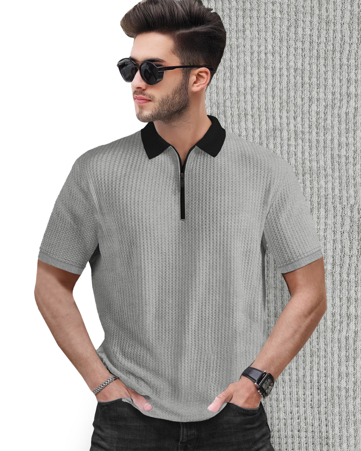 Grey Short Sleeve Polo Fit Waffle T Shirt