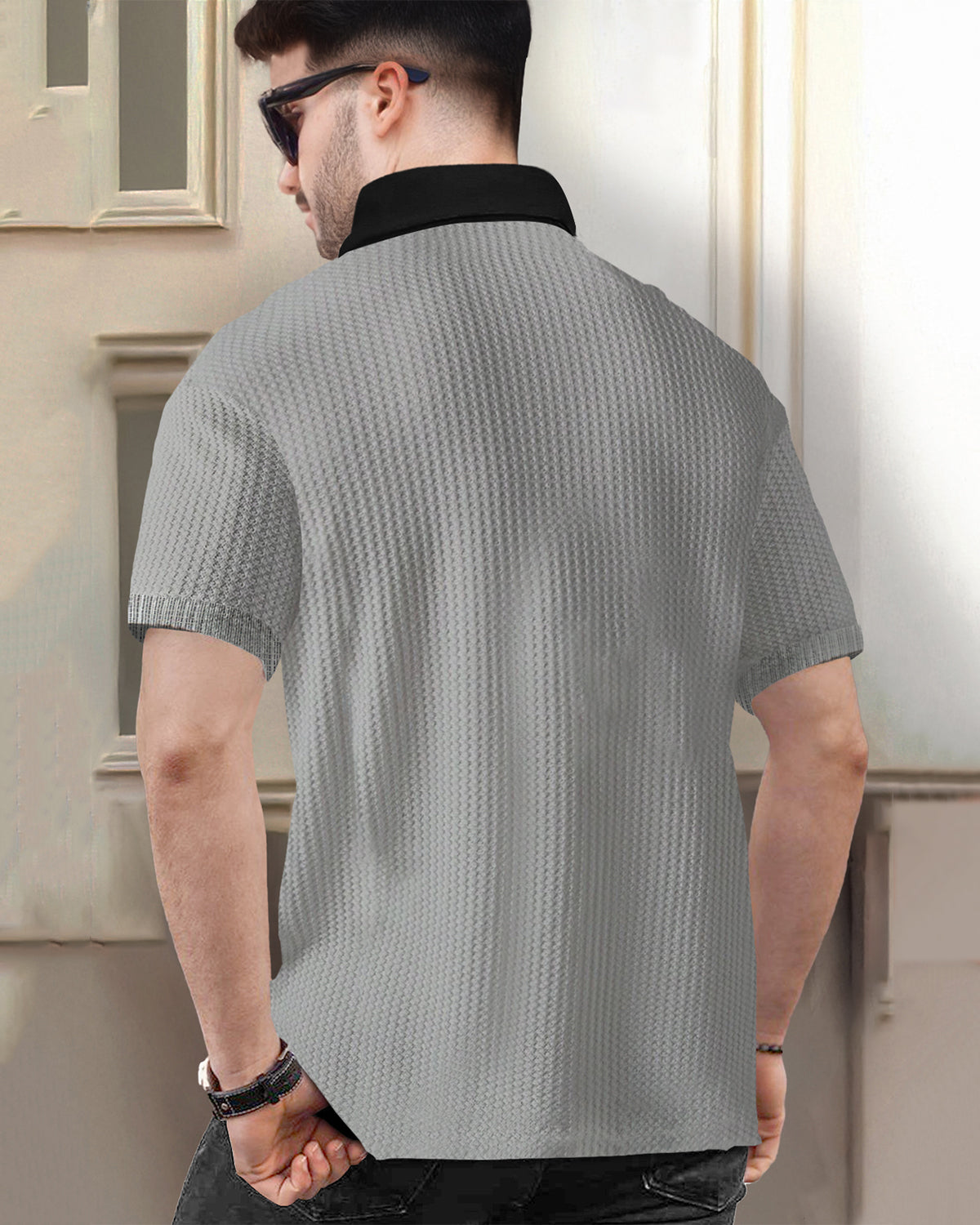 Grey Short Sleeve Polo Fit Waffle T Shirt