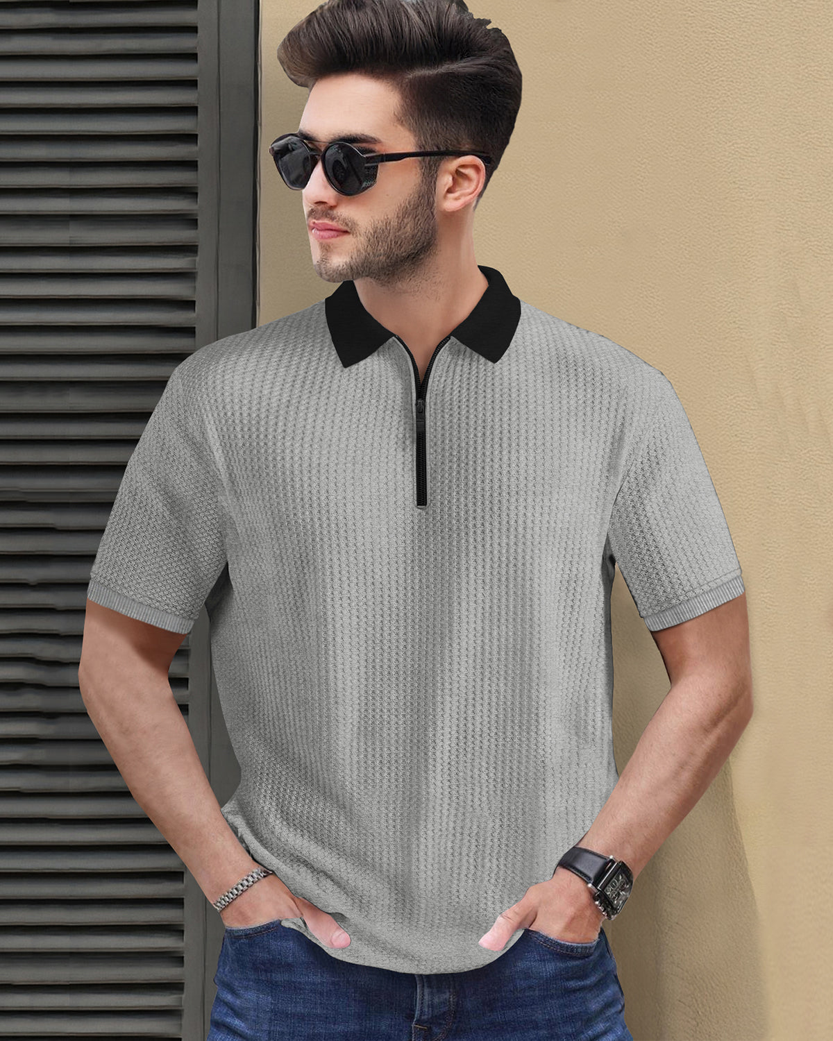 Grey Short Sleeve Polo Fit Waffle T Shirt