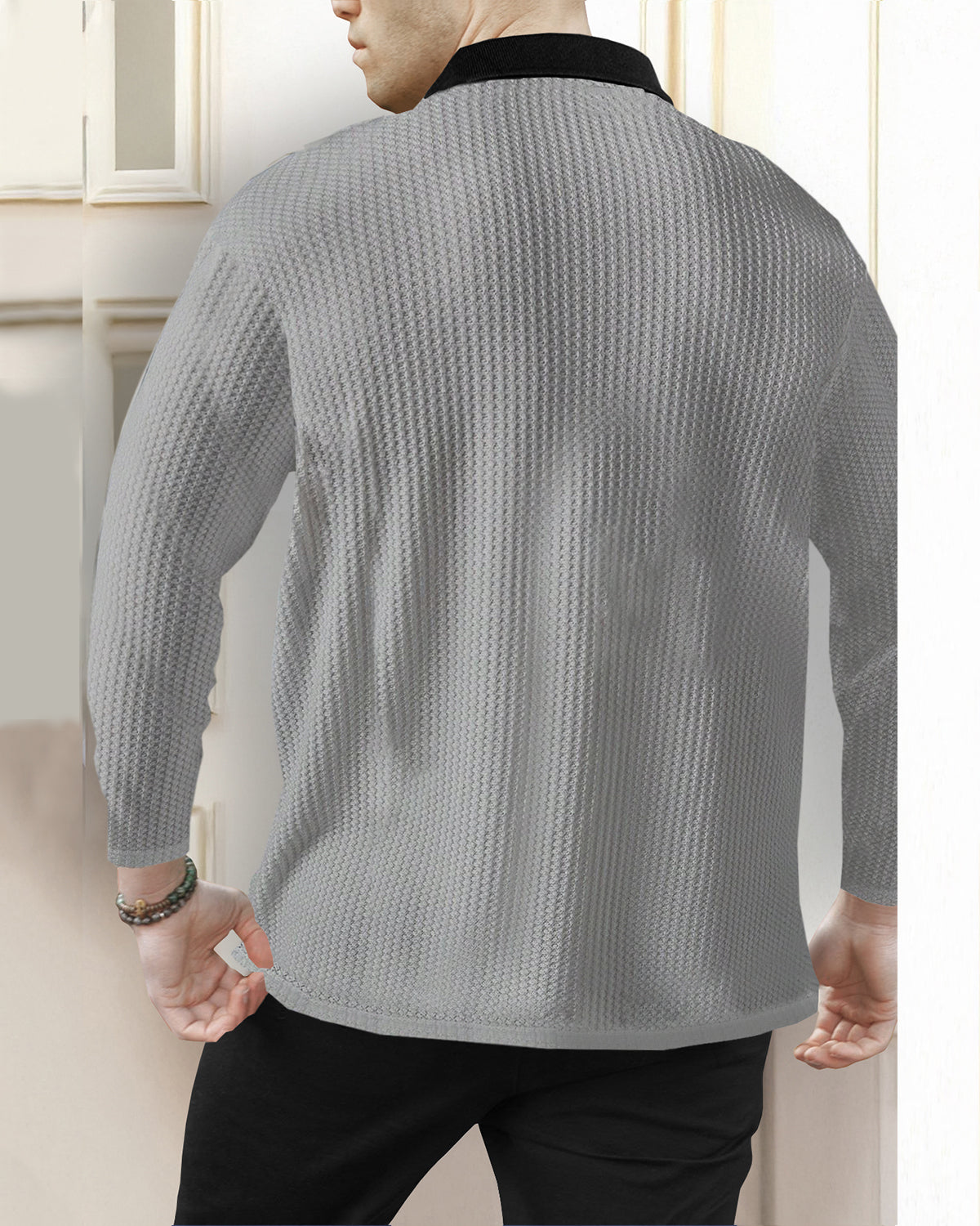 Long Sleeve Polo Fit Zip Waffle T Shirt Grey