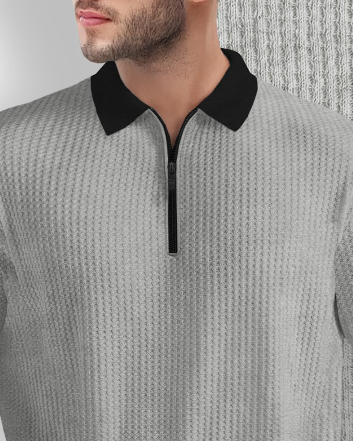 Long Sleeve Polo Fit Zip Waffle T Shirt Grey