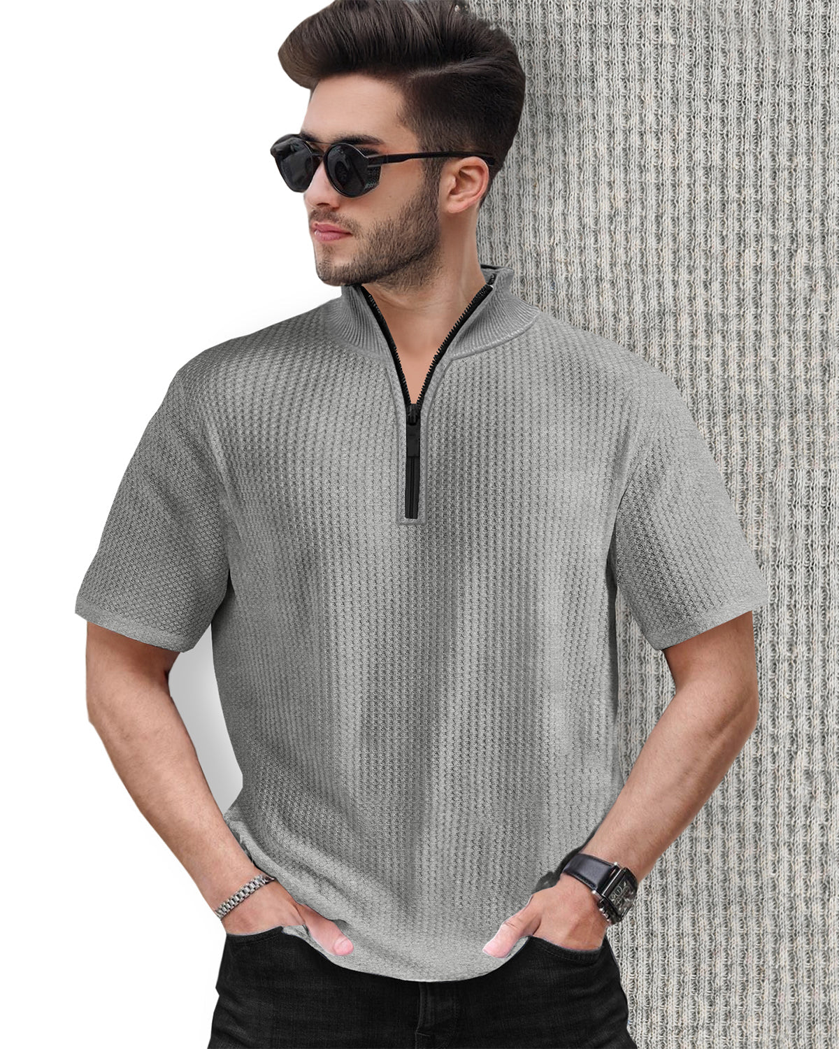 Grey Waffle T Shirt with High Neck Zipper and Half Sleeves