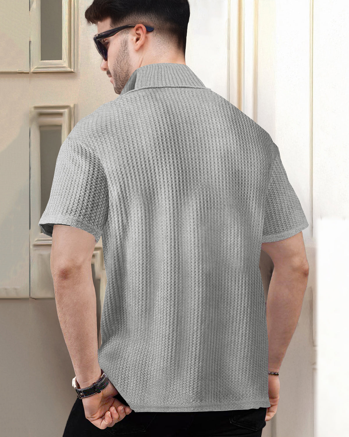 Grey Waffle T Shirt with High Neck Zipper and Half Sleeves