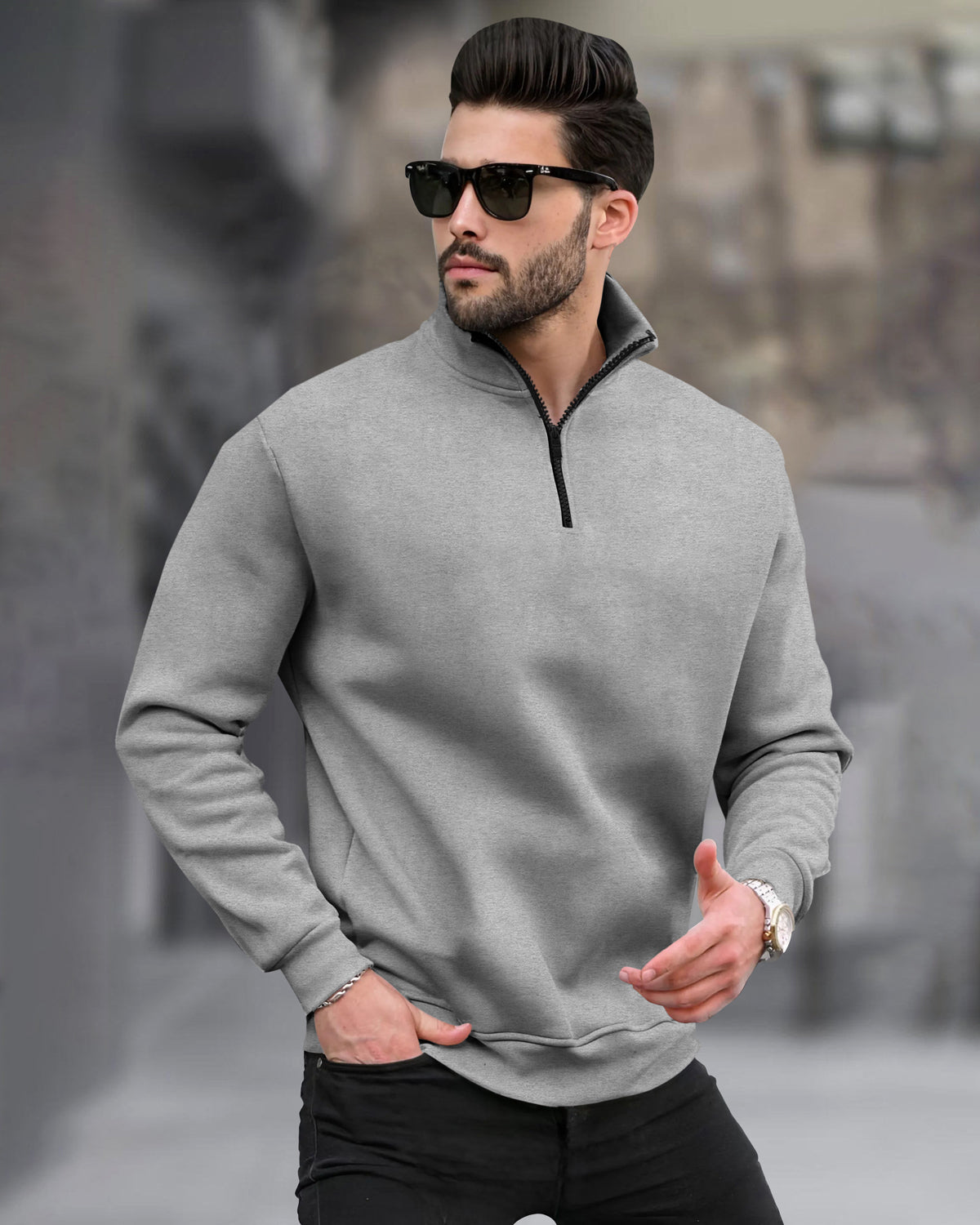 High Neck Casual Zipper Plain Grey Sweatshirt