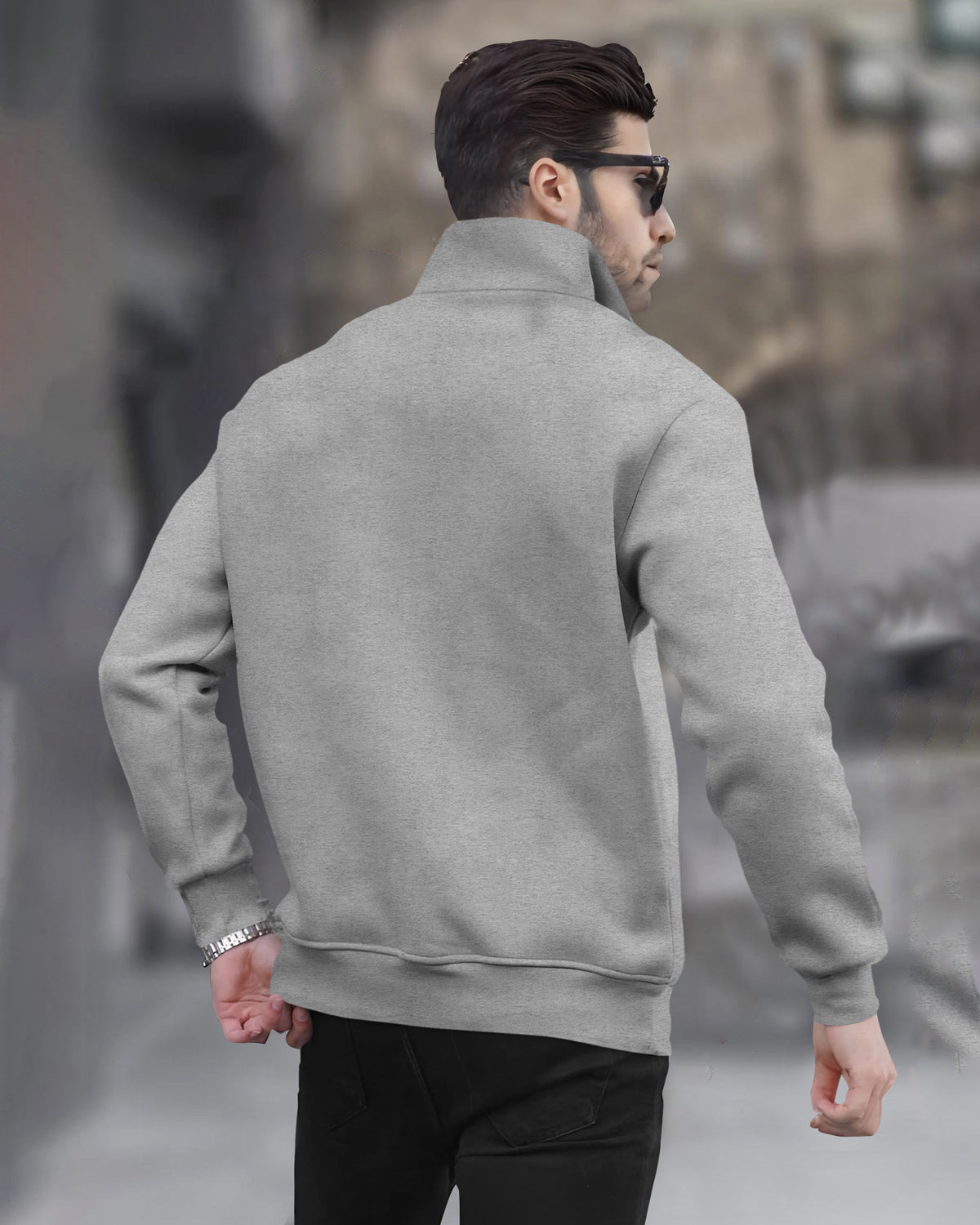 High Neck Casual Zipper Plain Grey Sweatshirt