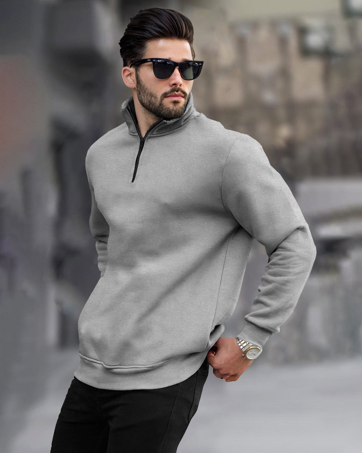 High Neck Casual Zipper Plain Grey Sweatshirt