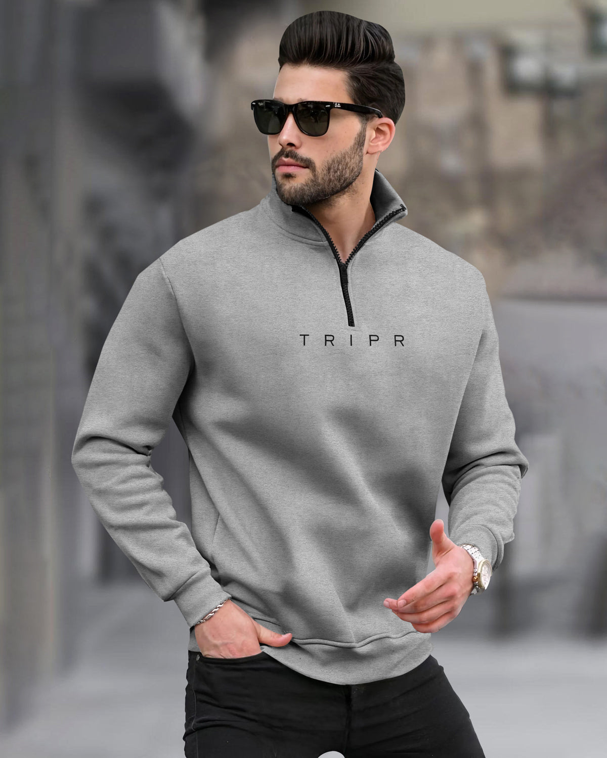 Grey Sweatshirt with High Neck Top Zipper
