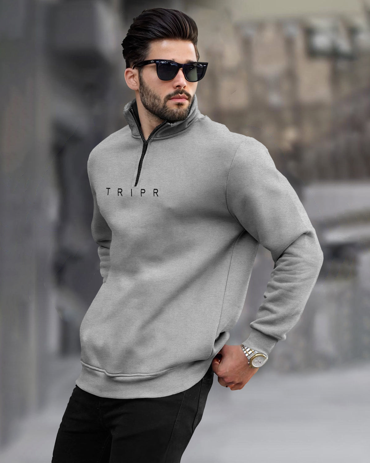 Grey Sweatshirt with High Neck Top Zipper