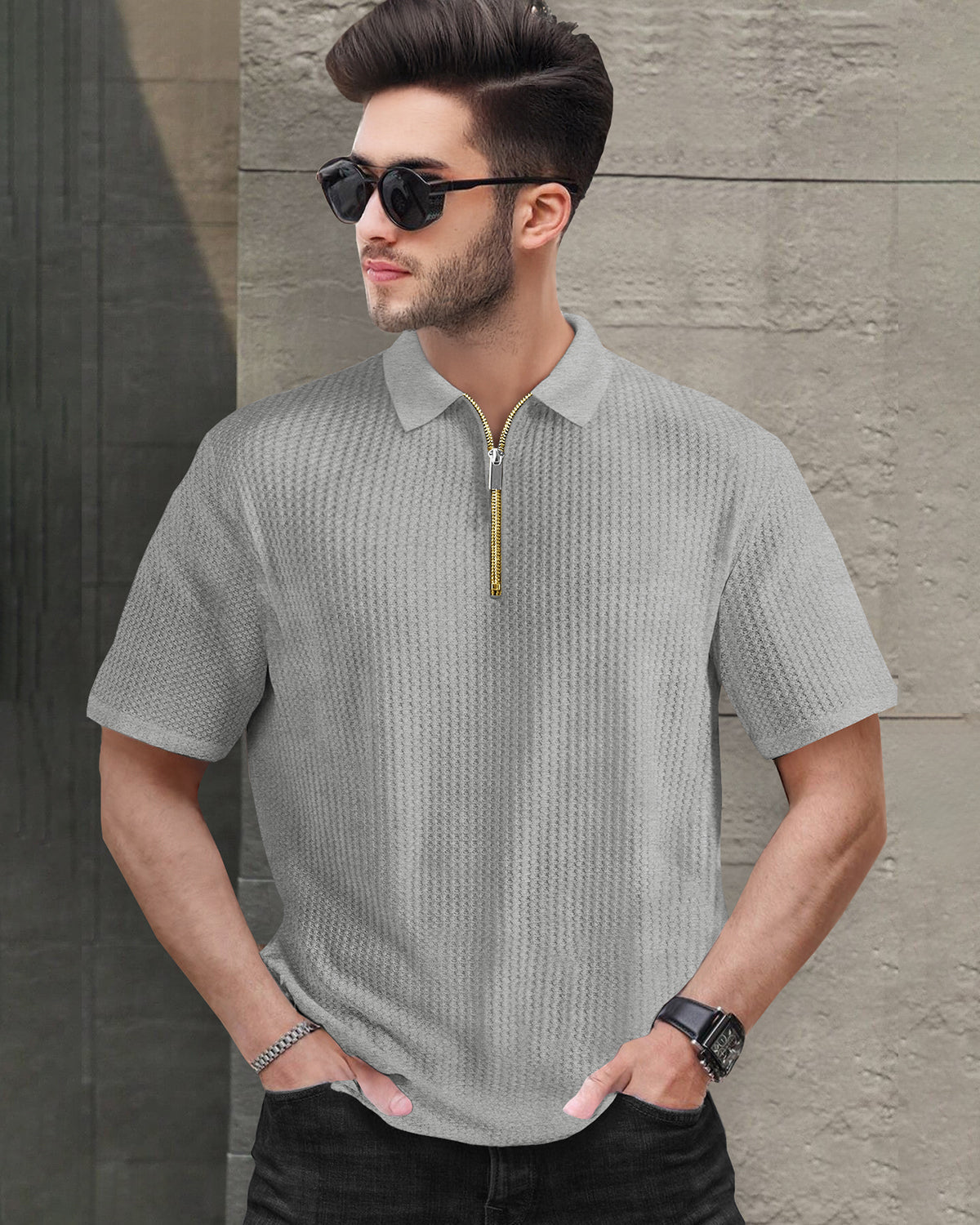 Short Sleeve Polo Fit Grey Waffle T Shirt with Zipper