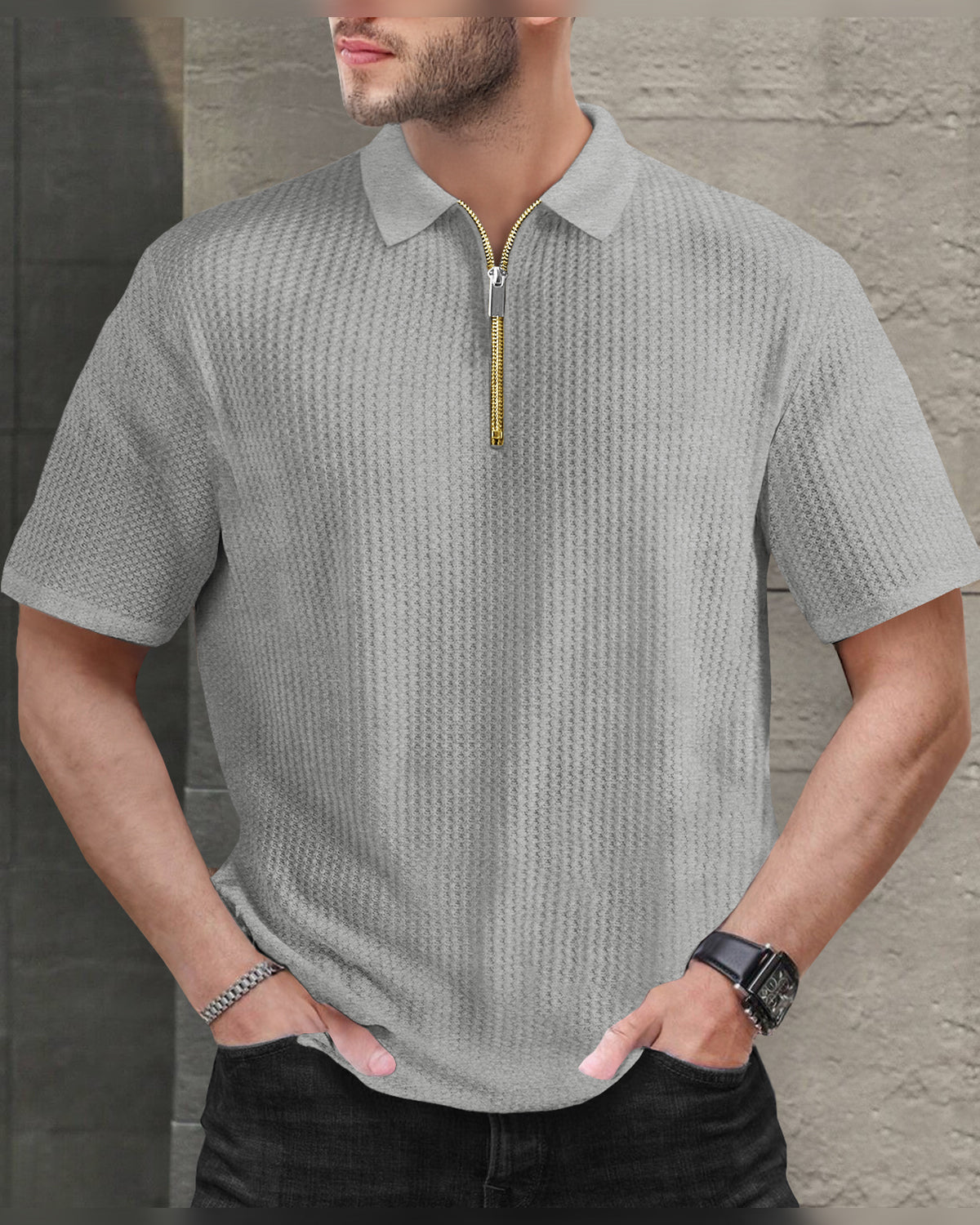 Short Sleeve Polo Fit Grey Waffle T Shirt with Zipper
