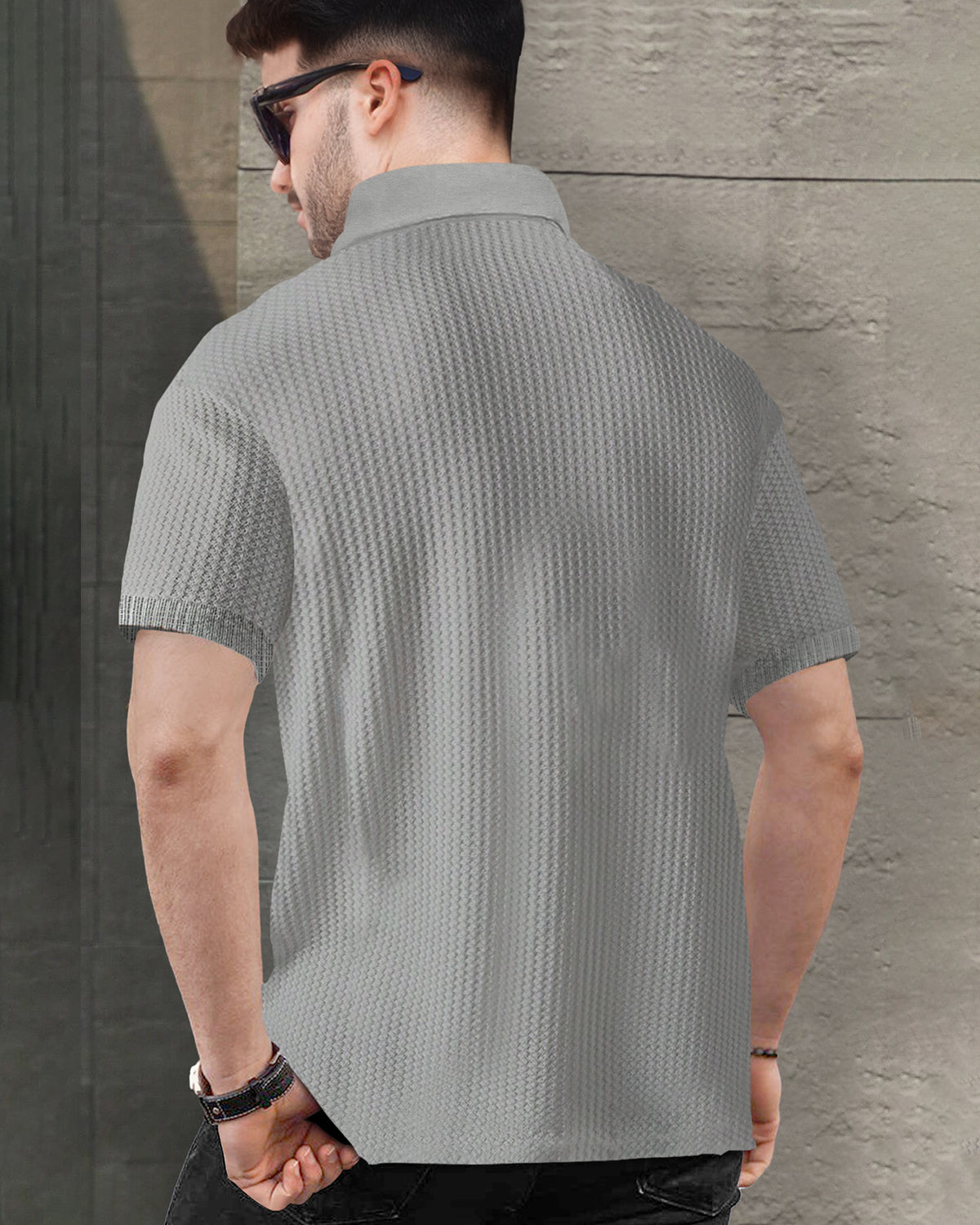 Short Sleeve Polo Fit Grey Waffle T Shirt with Zipper