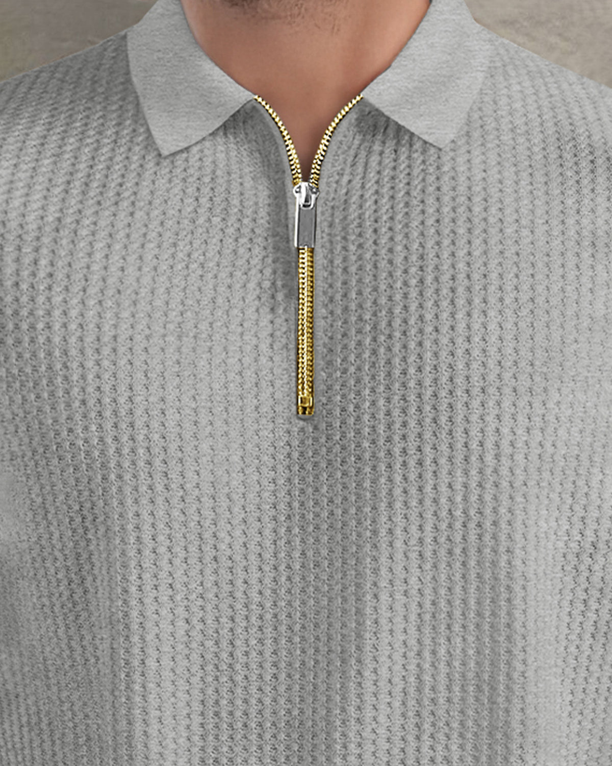 Short Sleeve Polo Fit Grey Waffle T Shirt with Zipper