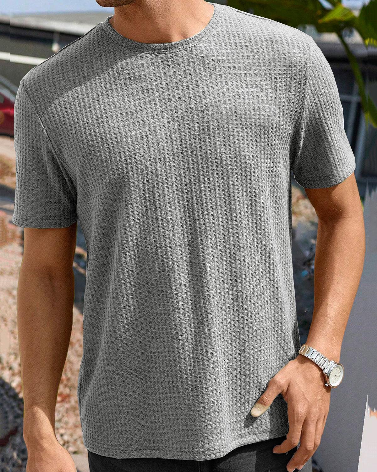 Grey Half Sleeve Waffle T Shirt with Round Neck