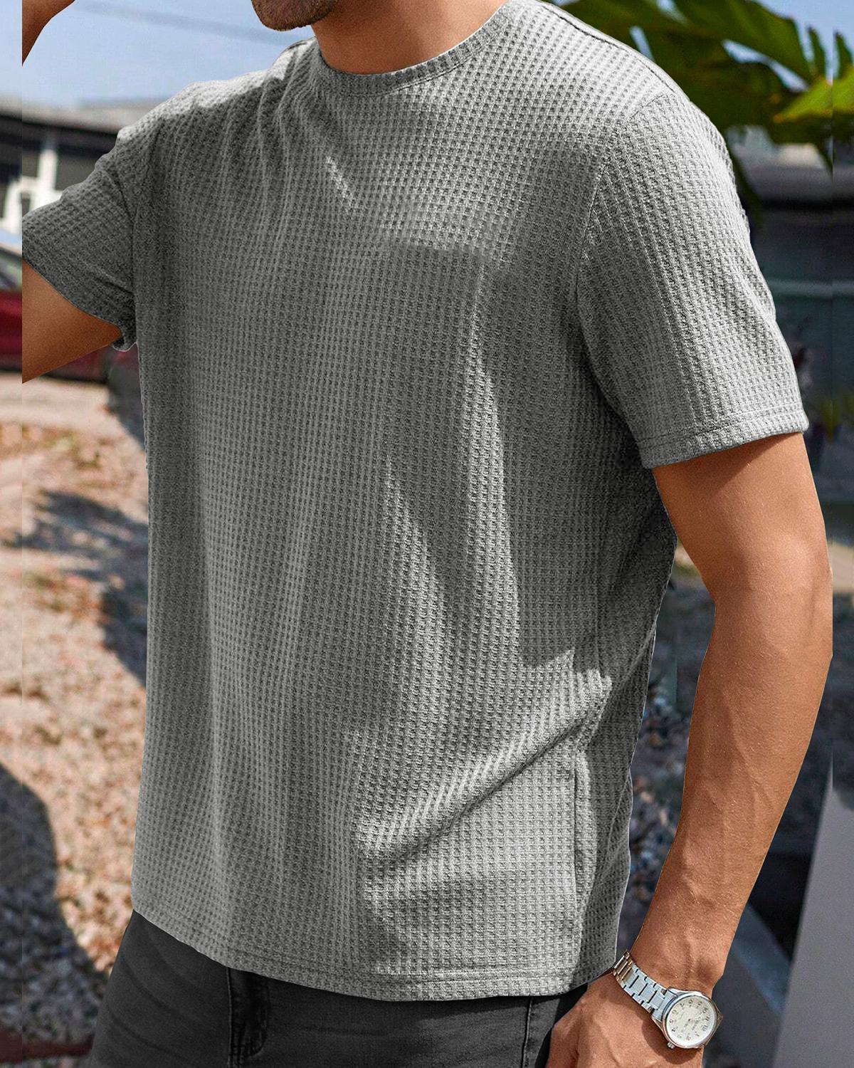Grey Half Sleeve Waffle T Shirt with Round Neck