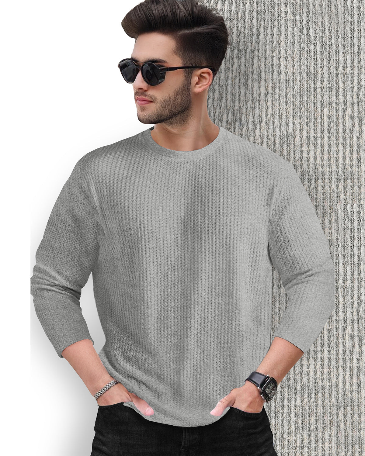 Round Neck Long Sleeve Plain Waffle T Shirt Grey