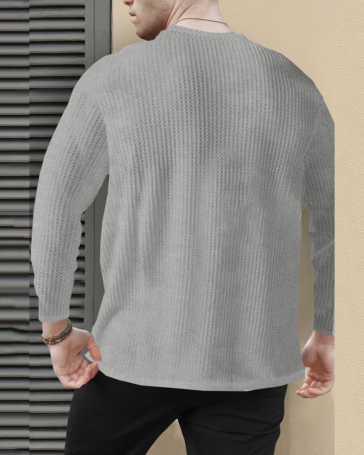 Round Neck Long Sleeve Plain Waffle T Shirt Grey
