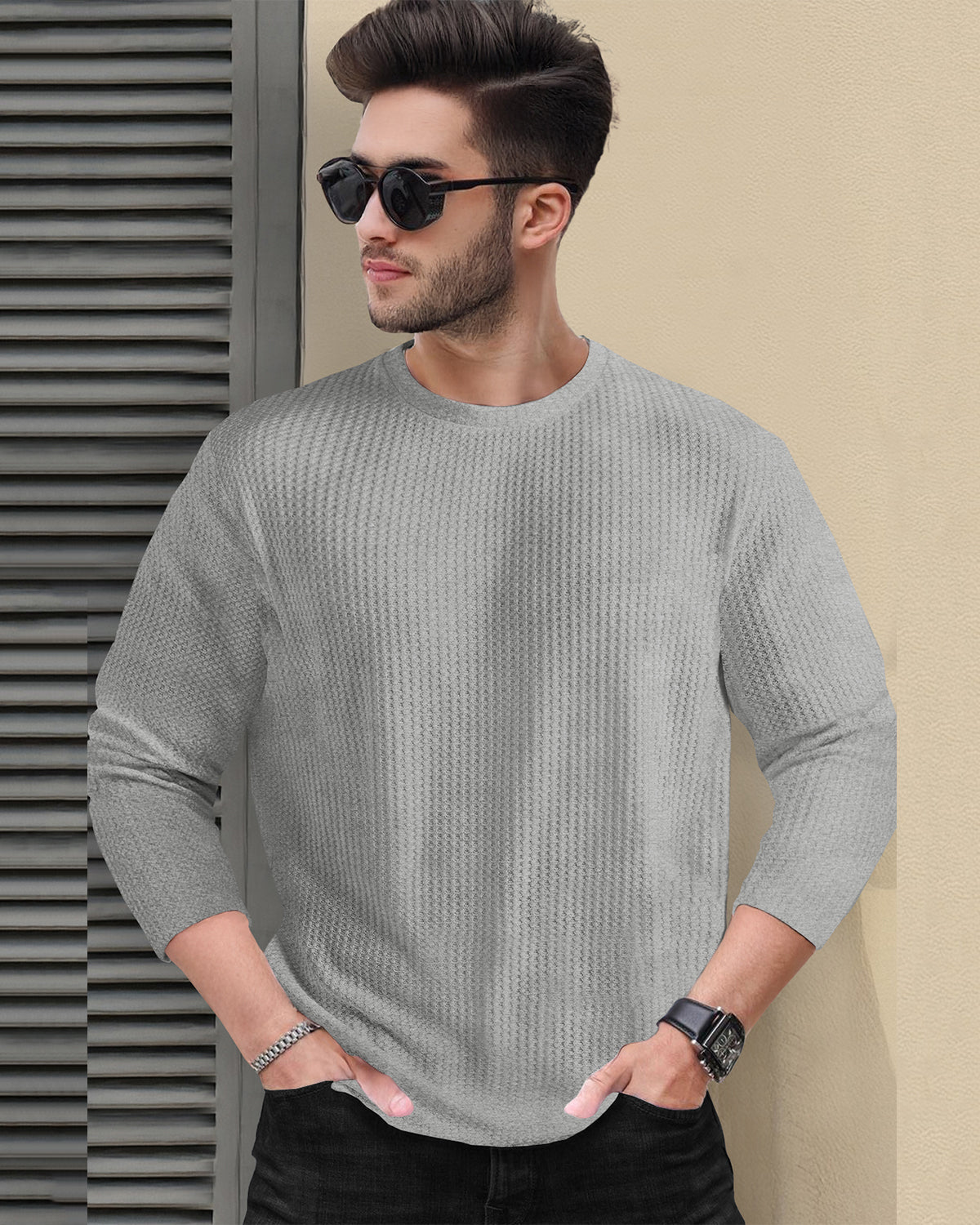 Round Neck Long Sleeve Plain Waffle T Shirt Grey