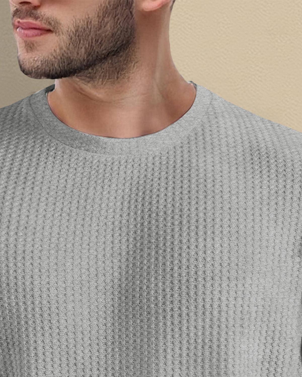 Round Neck Long Sleeve Plain Waffle T Shirt Grey
