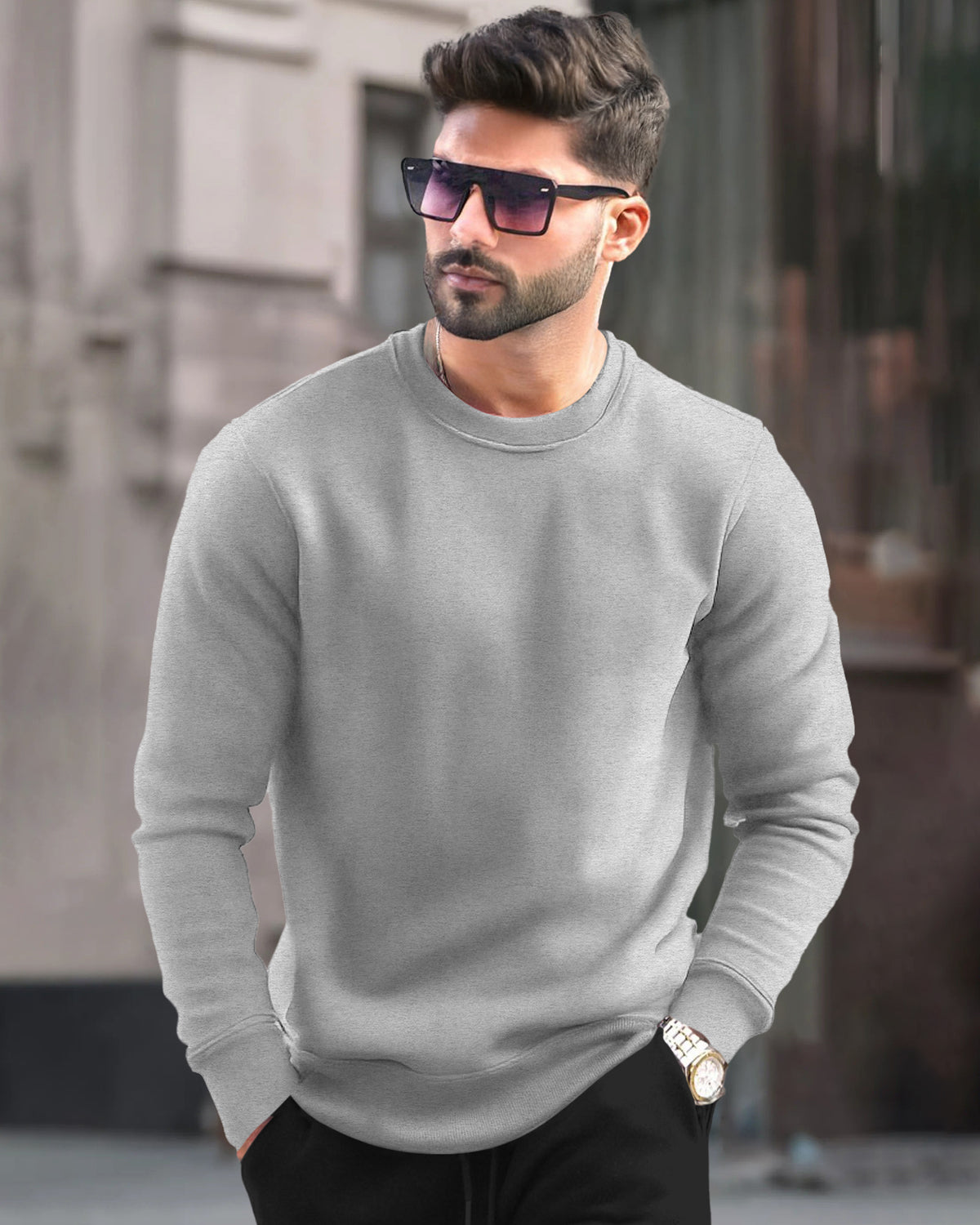 Casual Plain Grey Sweatshirt with Regular Fit