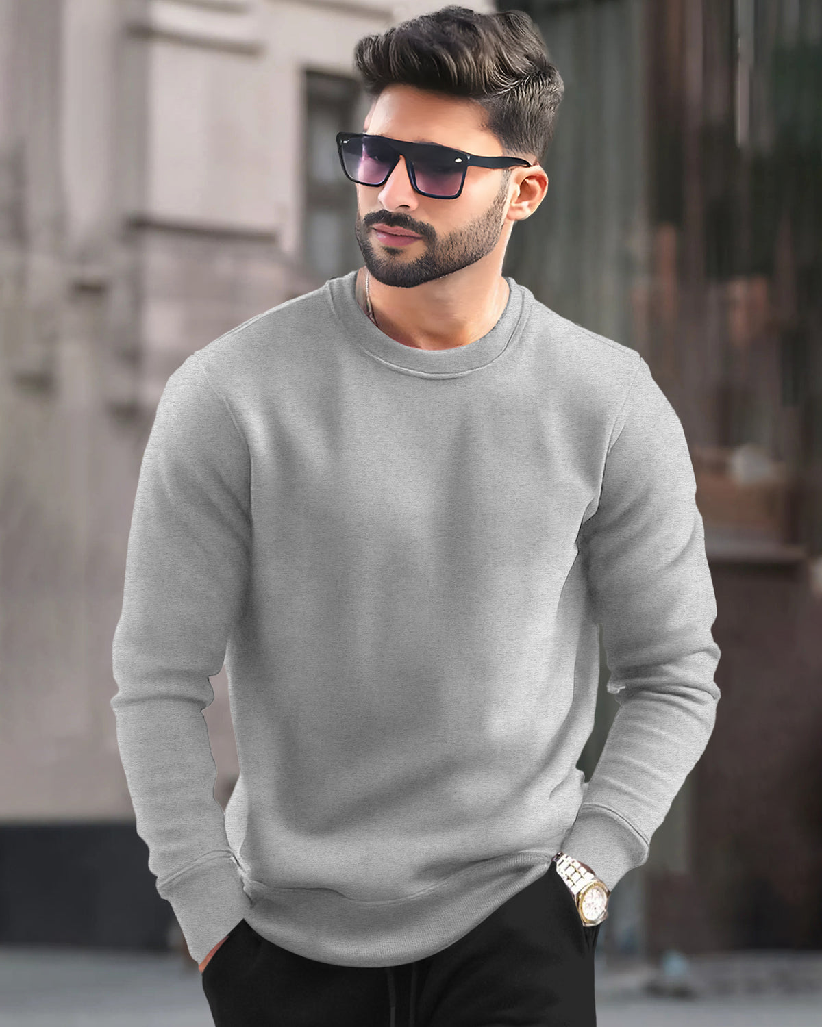 Casual Plain Grey Sweatshirt with Regular Fit