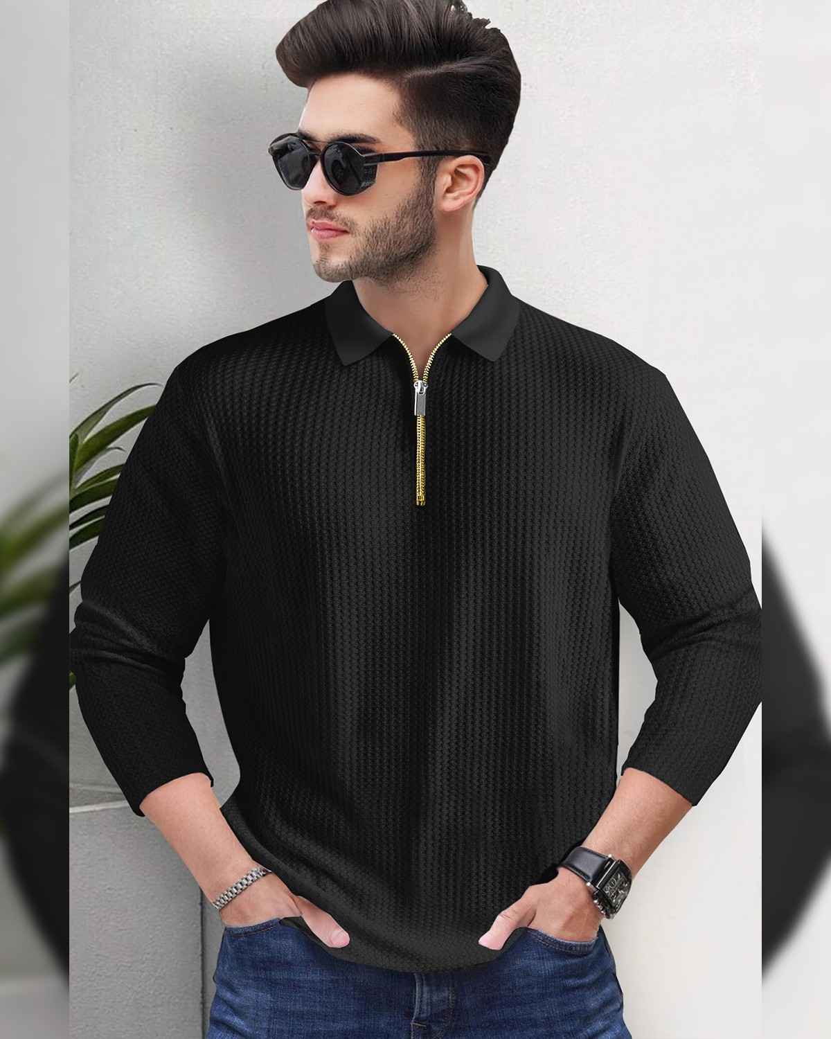 Black Long Sleeve Waffle T Shirt with Polo Fit