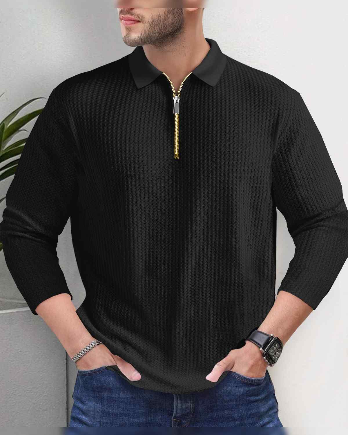Black Long Sleeve Waffle T Shirt with Polo Fit
