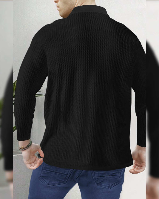 Black Long Sleeve Waffle T Shirt with Polo Fit
